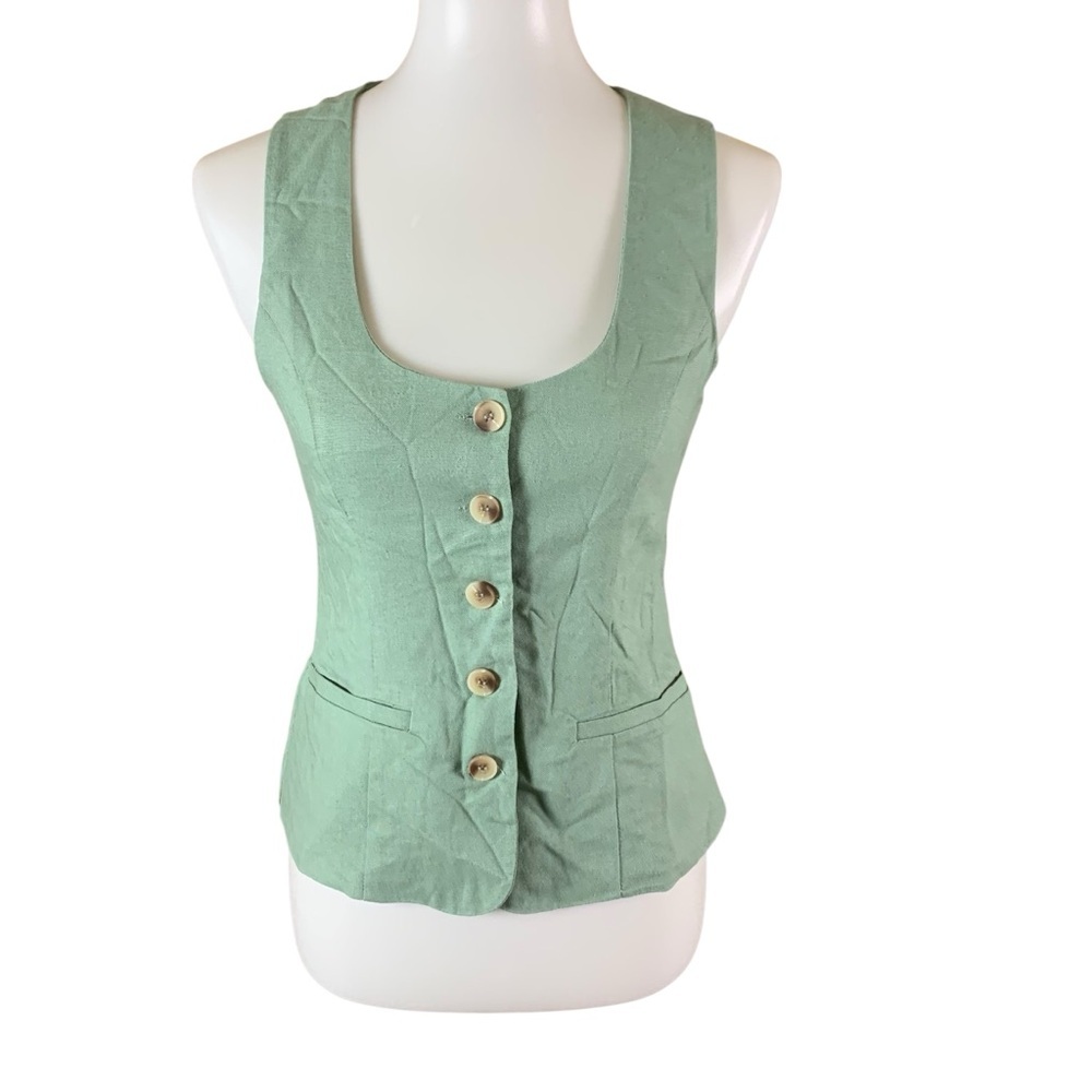 May Berries‎ Green Linen Blend Button Vest Small Cottagecore Lightweight Chic